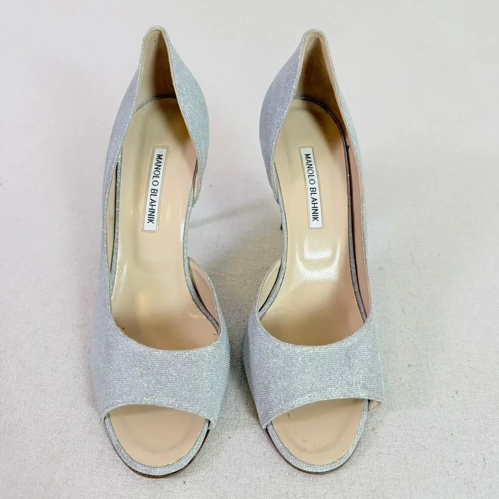 Manolo Blahnik Silver Metallic D'Orsay Peep Toe Stiletto Heels Women's EU 40.5
